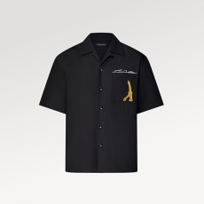 루이비통 오픈 칼라 쇼트 슬리브 코튼 반팔셔츠 블랙 S-XL